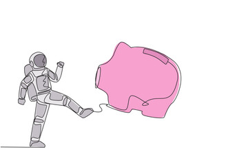 Fototapeta premium Single continuous line drawing young astronaut kicking the piggy bank. Full of anger. The savings prepared are still not enough to fund a space expedition. Galaxy. One line design vector illustration
