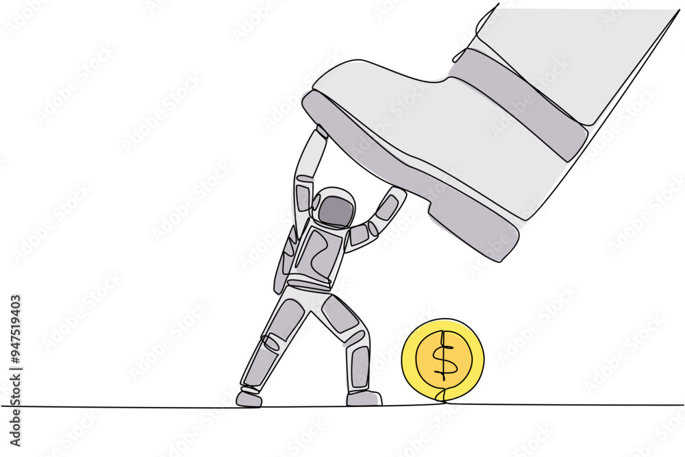 Poster single continuous line drawing astronaut holds back a giant foot wants to step on large coin with do