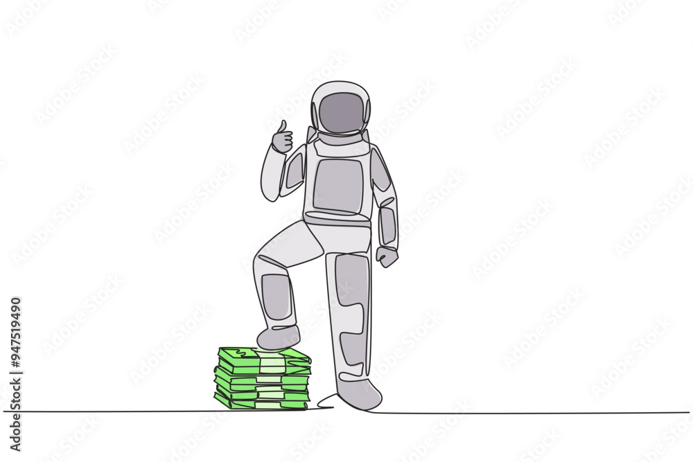 Poster continuous one line drawing astronaut stands with thumbs up pose and steps on stack of banknotes wit