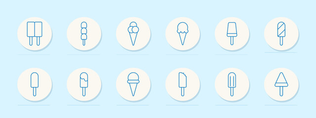 Ice cream set icon. Popsicle, cone, scoop, stick, double, triple, swirl, bite, dessert, frozen, sweet, summer, snack, dairy, treat, ice cream parlor, food, refreshment, confectionery