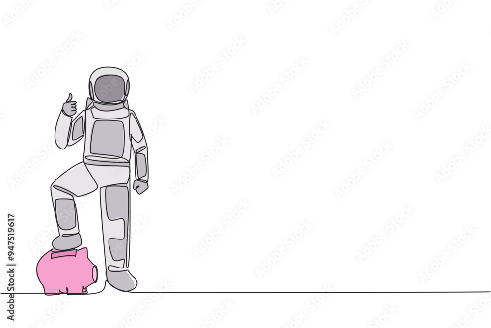 Poster single continuous line drawing astronaut stands with thumbs up pose and steps on the piggy bank with