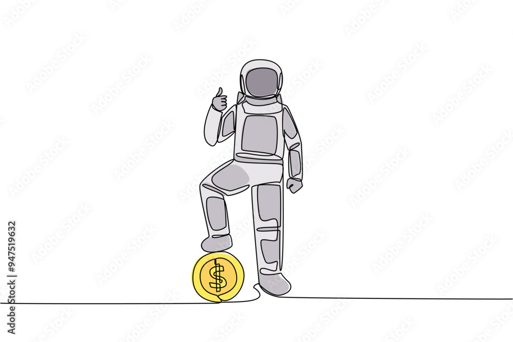 Poster continuous one line drawing astronaut stands in a thumbs up pose, steps on a coin with dollar symbol