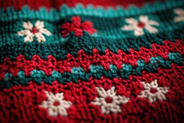 Fototapeta premium Cozy Christmas background with a knitted sweater pattern in festive colors