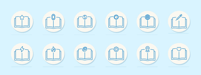 Book set icon. Star, capsule, dollar, clock, globe, syringe, lightning, fire, cog, map, heart, reading, knowledge, education, literature, learning, reference, study