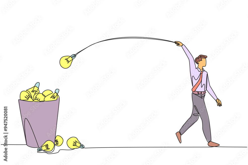 Aufkleber single continuous line drawing businessman walking throwing light bulbs into the trash can. avoiding