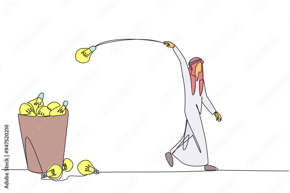 Poster continuous one line drawing arabian businessman walking throwing lightbulb into the trash can. being