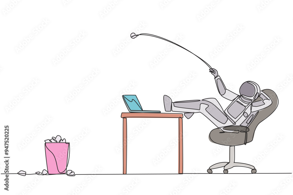 Poster continuous one line drawing astronaut sitting in a chair throwing wads of paper into trash. discardi