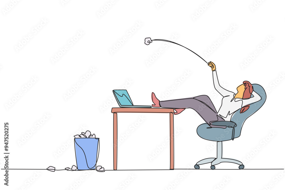 Poster continuous one line drawing businesswoman sitting in chair throwing wads of paper into trash. spendi
