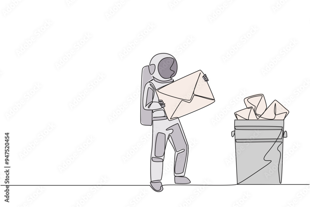 Poster continuous one line drawing astronaut throw large envelope in the trash. avoid continuous incoming e