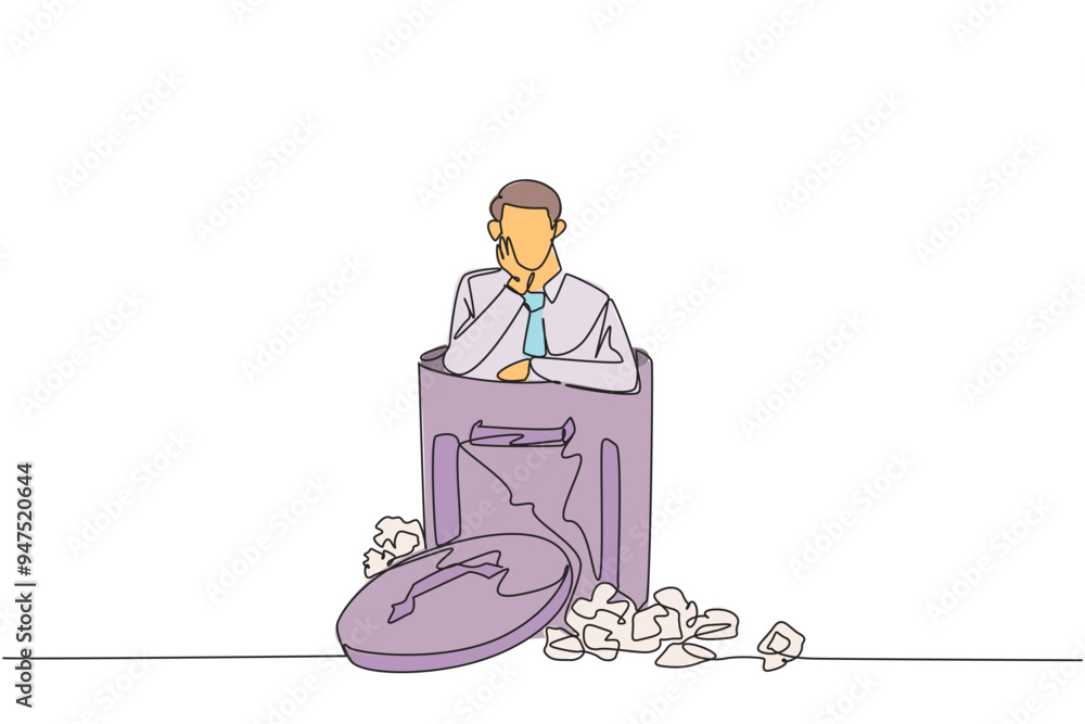 Poster continuous one line drawing businessman is in the trash. poor mentality. down in the dumps. bankrupt