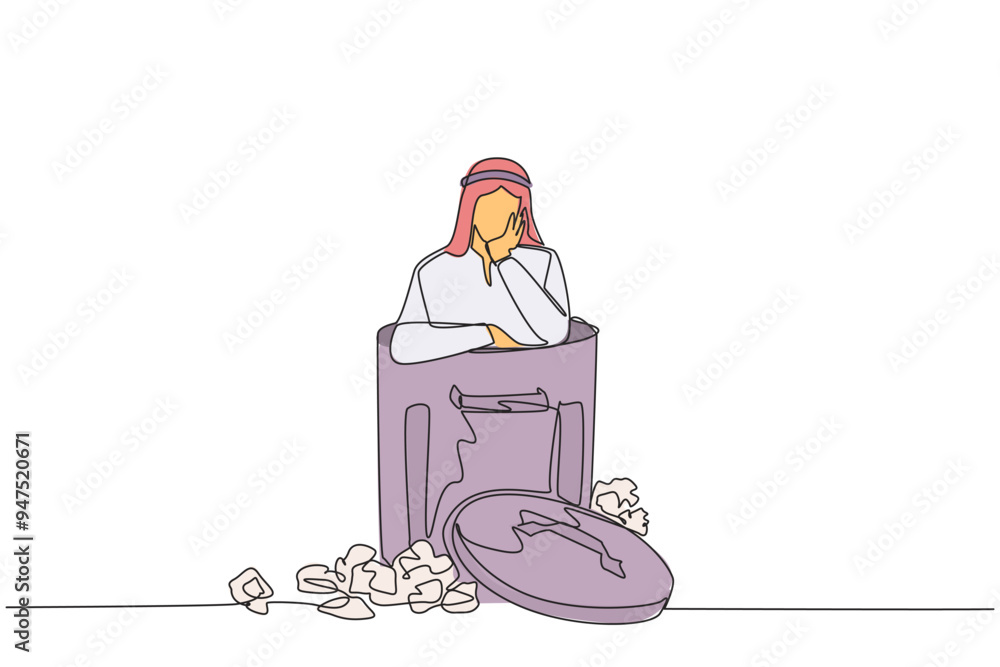 Poster continuous one line drawing arabian businessman is in trash. poor mentality. down in the dumps. thin