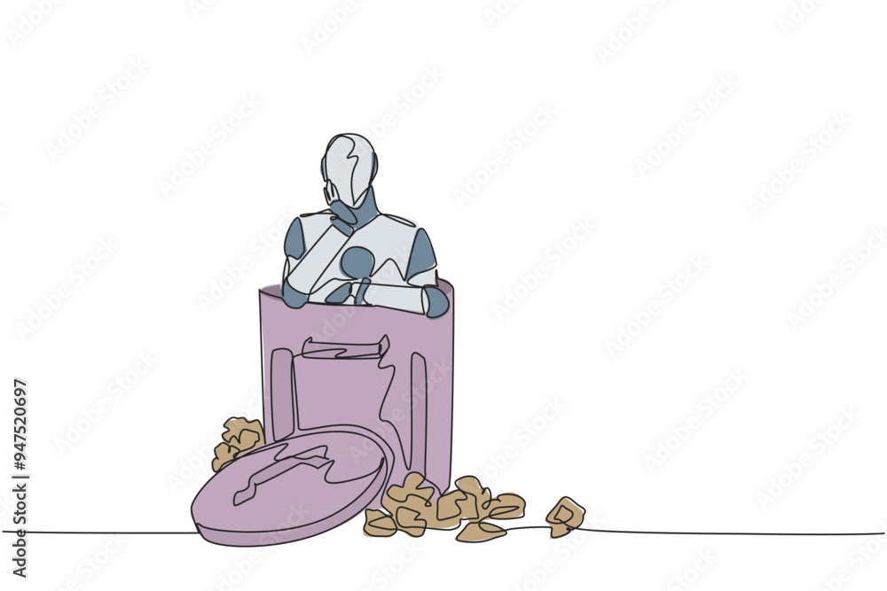 Poster single one line drawing robot is in the trash. artificial intelligence is not yet efficient. unable 