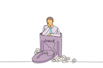 Continuous one line drawing businessman is in the trash. Poor mentality. Down in the dumps. Bankrupt. Helpless. Business is not making a profit. Frustrated. Single line draw design vector illustration