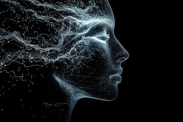 Digital profile of human head with flowing data strands.