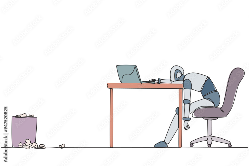 Poster single continuous line drawing robot sitting in a work chair looking tired. want to program on lapto