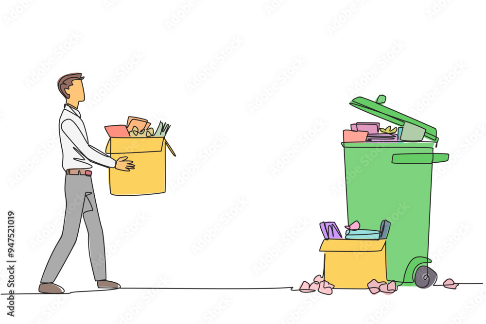 Poster continuous one line drawing businessman carrying cardboard box full of piles of paper to trash. thro
