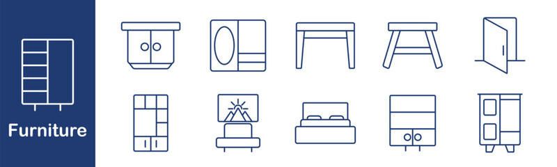 Furniture icon set with different types of cabinets, shelves, tables, and beds. Home decor, storage, interior design, and household organization