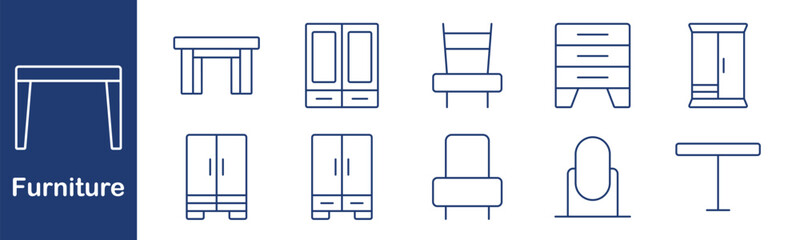 Furniture icon set. Table, chair, wardrobe, cabinet, dresser, storage, furniture, home, interior, decor, wood, closet, seat, design, organization, living, household