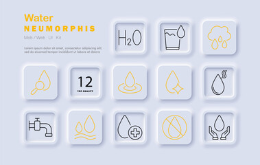 Water set icon. Drop, H2O, glass, rain, tap, hydration, purity, save water, healthcare, environment, conservation, sustainability, wellness, neomorphic style, natural resources