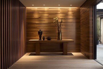 Interior stylish modern wooden entrance hallway decor with cozy wooden tone 