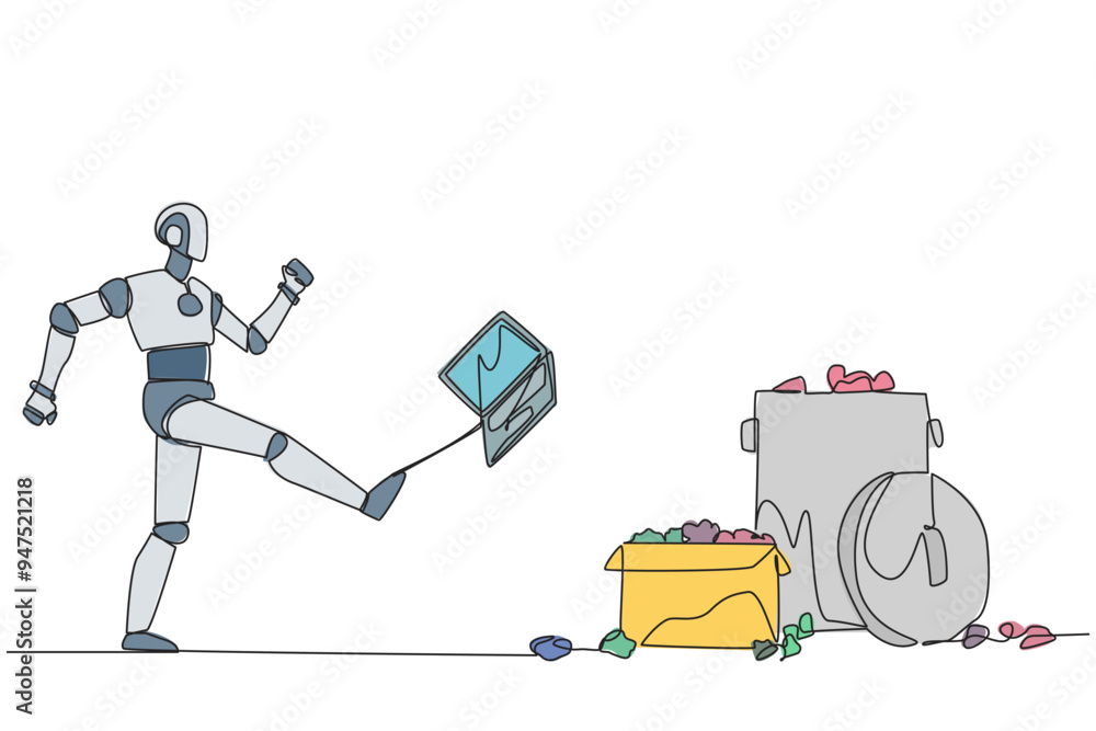 Poster continuous one line drawing emotional robot kicked laptop into the trash. many bugs go wrong when pr
