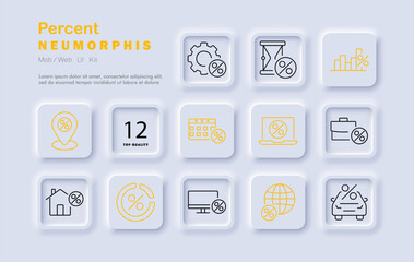 Percent set icon. Percentage, time management, finance, gear, location, savings, graph, online banking, briefcase, economy, discount, investment, analysis, neomorphic style, business tools