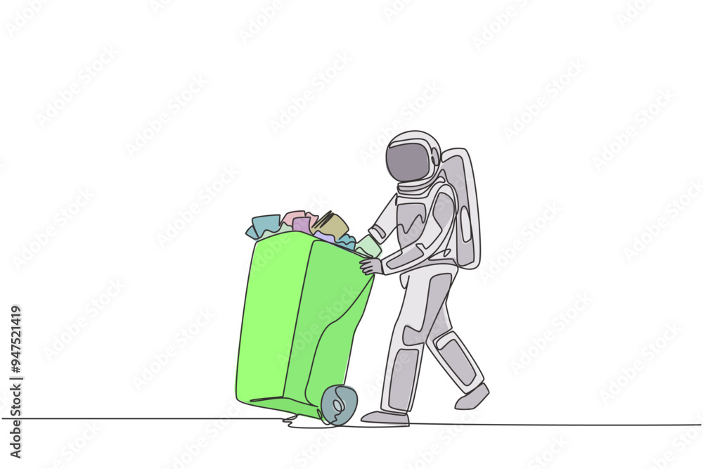 Poster single continuous line drawing astronaut pushing a trash can filled with wads of paper. throw away t