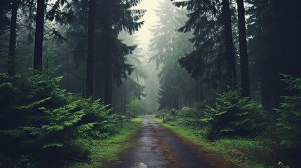 Fototapeta premium Enchanting misty forest landscape featuring lush greenery and a serene, tranquil atmosphere