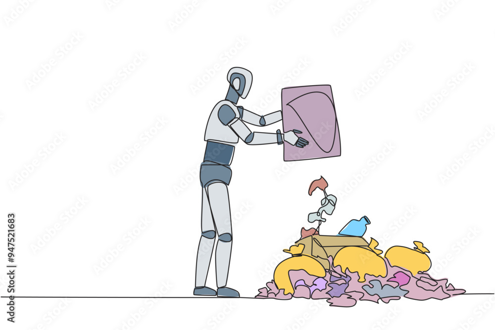 Poster single continuous line drawing robot throws rubbish into rubbish pile. environmental care. robot car