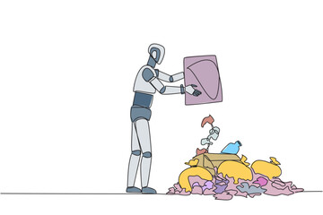Single continuous line drawing robot throws rubbish into rubbish pile. Environmental care. Robot cares about cleanliness. Artificial intelligence.  Future tech. One line design vector illustration