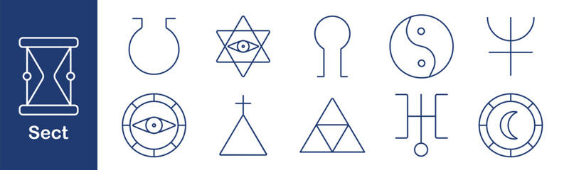 Fototapeta premium Sect set icon. Hourglass, star, eye, cross, crescent, yin yang, triangle, symbols, spiritual, mystic, ritual, religion, cult, esoteric, occult, mysticism, tradition, belief