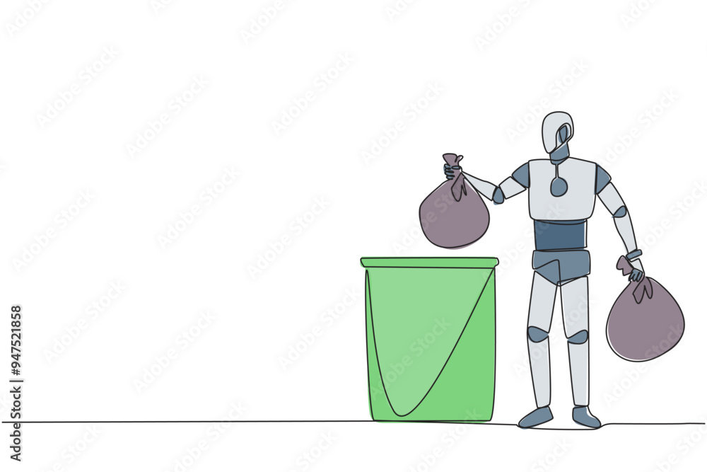 Aufkleber single continuous line drawing robot puts the trash bag into the trash can. environmental care. hous