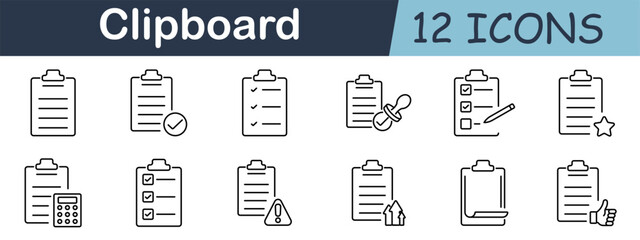 Clipboard set icon. Checklist, document, note, task, paper, board, pen, calculator, mark, organization, management, reminder, report, audit, review, office, record, writing, checklist
