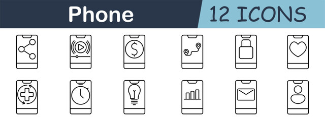 Phone set icon. App, share, video, money, map, heart, clock, light, email, settings, connection, navigation, communication, message, interface, touchscreen, mobile, network, smartphone