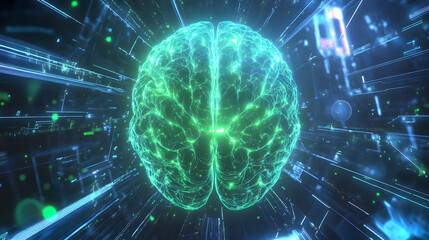 Obraz premium A high-tech digital illustration of a human brain with glowing plexus lines, depicted as the central hub of a vast digital network. The brain is rendered in a sleek