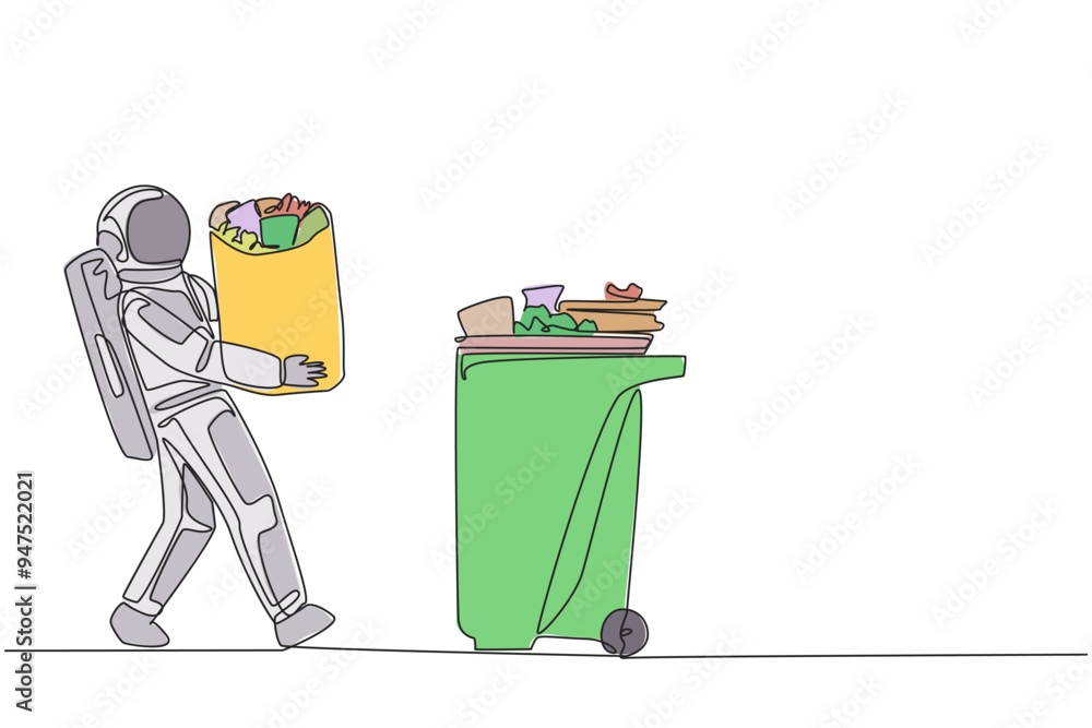 Poster single one line drawing astronaut walked carrying a trash bag in both hands towards trash can. doing