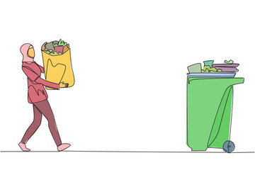 Single continuous line drawing young Arabian woman walked carrying a trash bag in both hands towards the trash can. Clean lifestyle. Environmental care. Clear air. One line design vector illustration