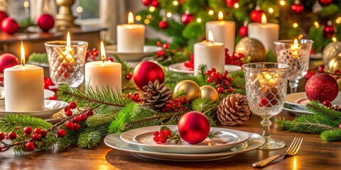 photo image of a beautifully decorated Christmas table setting with candles, evergreen branches, ornaments, and fine china