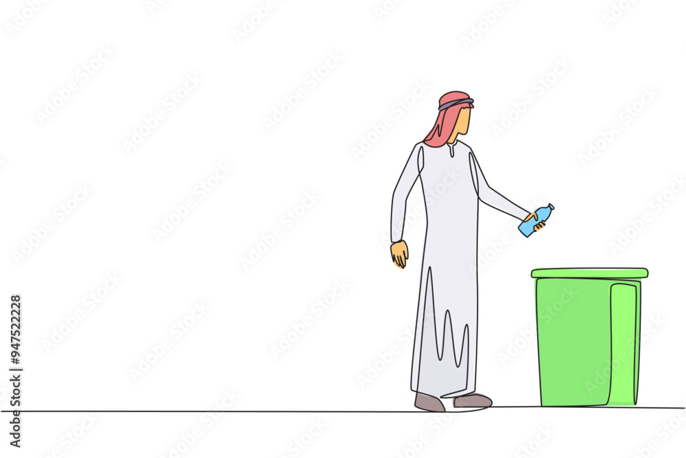 Aufkleber continuous one line drawing arabian man throw used plastic bottles into overflowing trash cans. envi