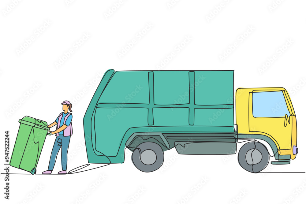 Aufkleber continuous one line drawing trash woman pulling wheeled trash can towards garbage truck. using a hat