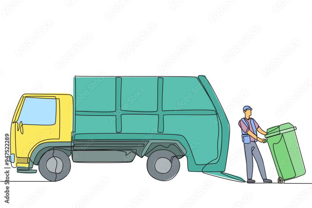 Sticker Single continuous line drawing trash man pulling wheeled trash can towards the garbage truck. Prevent environmental pollution by regularly making it to landfill. One line design vector illustration