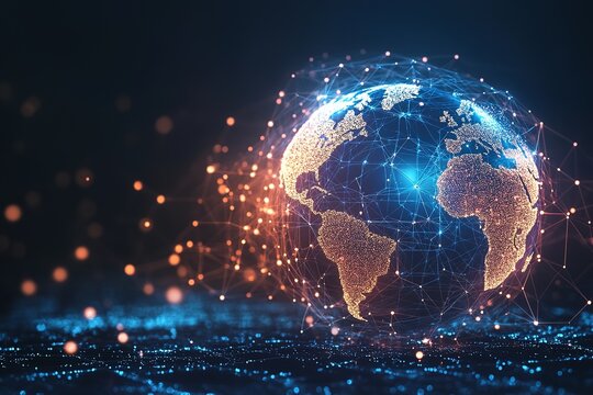 Glowing digital globe with network connections on dark backgroun