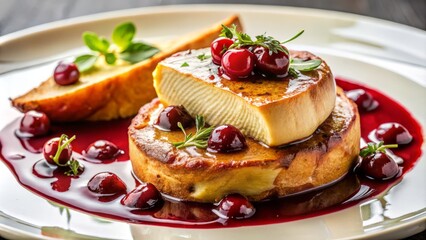 A photo image of a luxurious dinner plate featuring a slice of creamy foie gras served with a rich cherry compote sauce and toasted baguette slices.