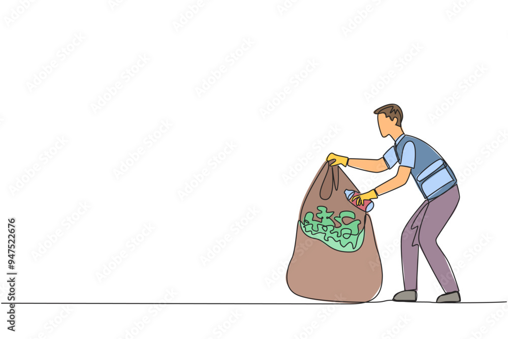 Poster single continuous line drawing trash man puts some rubbish into plastic trash. picking up while sort