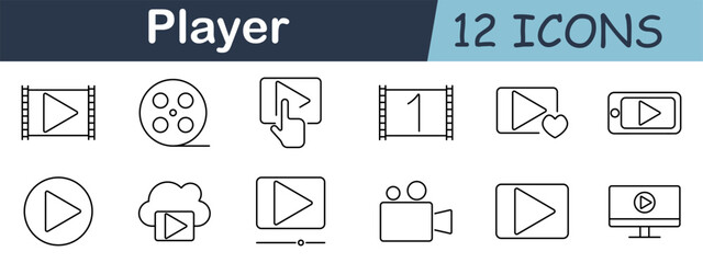 Player set icon. Play, film, video, screen, cloud, camera, heart, monitor, movie, finger, control, media.