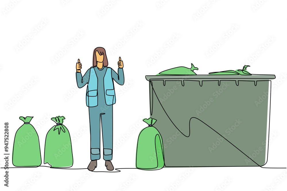 Poster continuous one line drawing trash woman stands with a thumbs up gesture between trash bags. code for