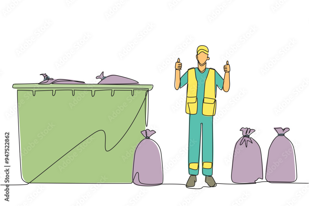 Poster single continuous line drawing trash man stands with a thumbs up gesture between trash bags. finish 