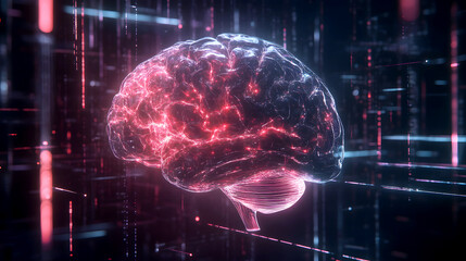 A high-tech illustration of a human brain with glowing plexus lines forming an intricate network that converges into a central, pulsating core