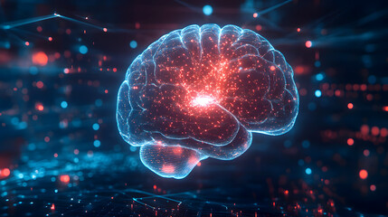 A high-tech illustration of a human brain with glowing plexus lines forming an intricate network that converges into a central, pulsating core