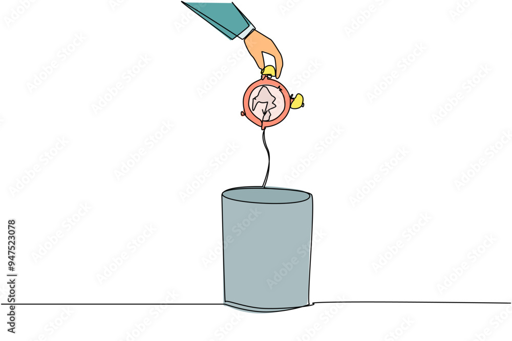 Poster single continuous line drawing businessman's hand throwing away a broken alarm clock. able to work e